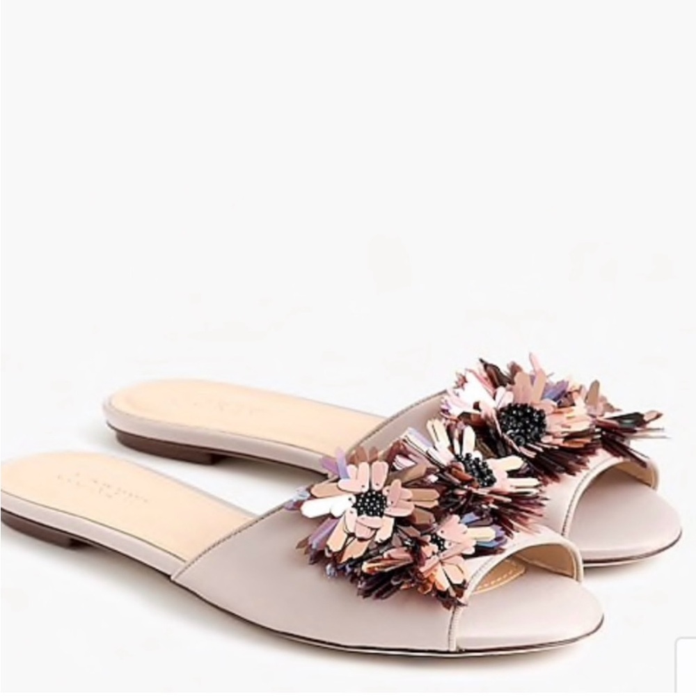 J CREW Collection Satin Slides Floral Embellishments Warm Sandstone - Size 7